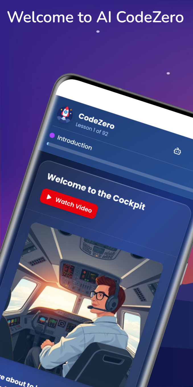 CodeZero App - Interactive lesson interface with video content