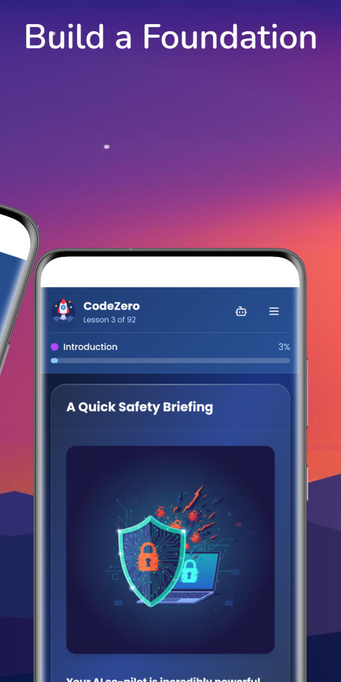 CodeZero App - Course navigation and menu interface