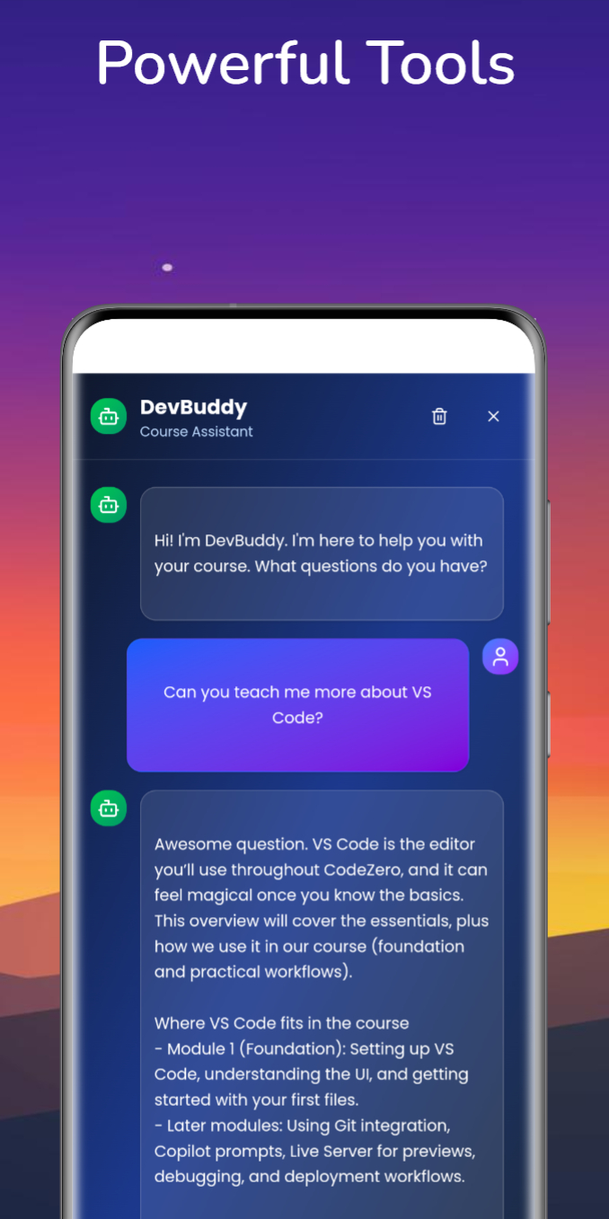 CodeZero App - AI tutor chatbot interface